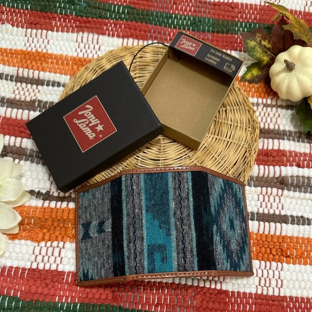 New Tony Lama Tri-Fold Wallet RFID Blue Aztec Canvas Leather Cowboy Western NWT